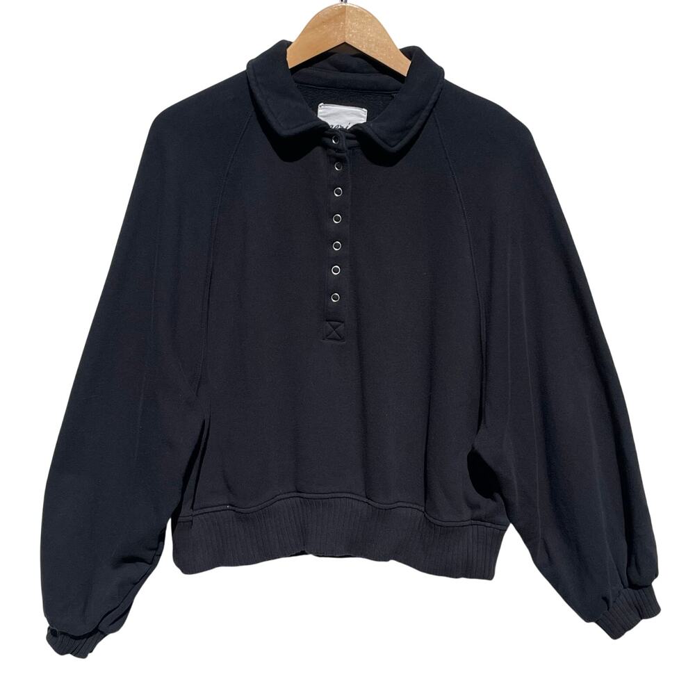 AERIE Women’s 1/4 Snap Pull On Oversized Black Sweatshirt medium - Picture 2 of 4